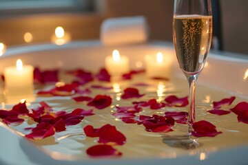 Romantic evening with champagne and red rose petals floating in a luxury bathtub illuminated by the warm glow of burning candles