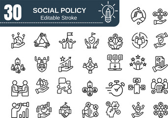 Social Policy Line Icon Set – Social services, health care, education, family, insurance, protection of rights, society, legislation and more. Outline icon in linear style. Vector collection.