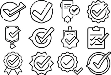 Vector art of a collection of twelve checkmark icons representing approval and quality, isolated on a transparent background