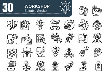 Workshop line icon set. Business, team building, teamwork, coaching, presentation, professional seminar. Outline vector icon in linear style. Series of pictograms.
