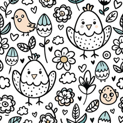 Elegant Seamless Pattern with Pink Birds and Botanical Illustrations