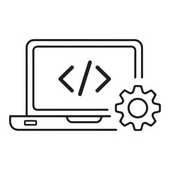 Simple line art icon of a laptop displaying code symbols next to a gear for software development and it services