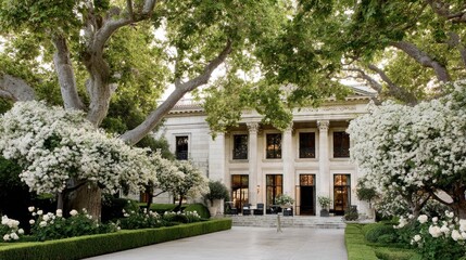 Elegant mansion with lush landscaping and a spacious patio.