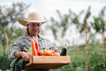 Farmer with Fresh Vegetables in a Scenic Rural Garden