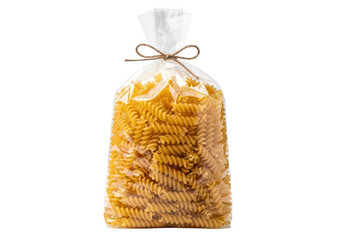 Clear plastic bag filled with uncooked rotini pasta tied with twine fusilli