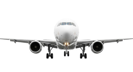 Sleek, ultra-modern passenger jet plane with extended landing gear and powerful engines, isolated on a transparent studio background, bright studio lighting, 3/4 front low-angle view, concept of