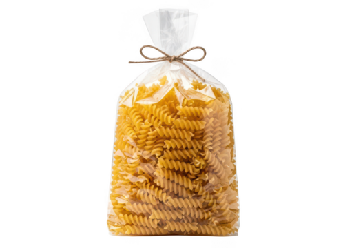 Clear plastic bag filled with uncooked rotini pasta tied with twine fusilli