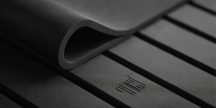 Close up of textured black rubber material with parallel grooves