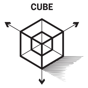 Wireframe cube with arrows indicating three dimensional axes and a shadow