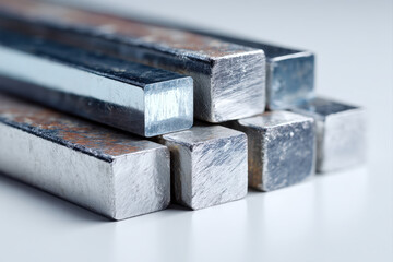 Shiny silver metal rectangular bars arranged uniformly on white background