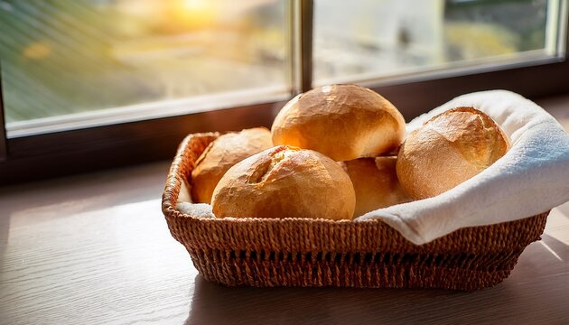 white bread rolls in basket with towel next to window in bakery