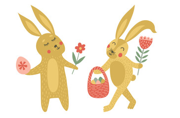 Two cheerful Easter bunnies with flowers and an egg in a hand-drawn style provide a festive springtime mood, perfect for seasonal designs.