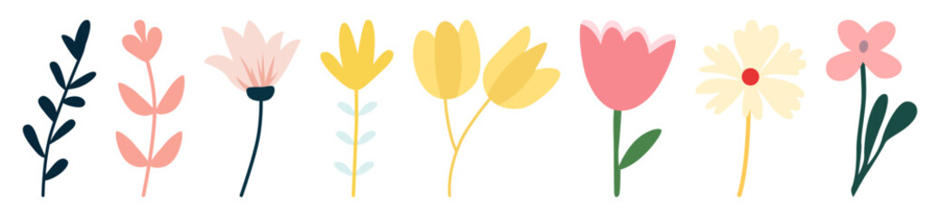 Charming floral elements showcase a collection of stylized flowers, perfect for adding a touch of nature to any creative design project.