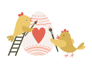 Adorable chicks playfully decorate a large Easter egg with colorful paints, creating a festive springtime scene for design projects.