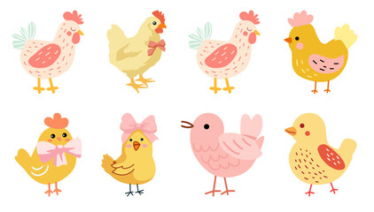 Delightful farm animals collection shows cute chickens and chicks, perfect for springtime decorations and Easter holiday themed designs.