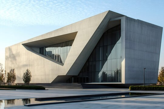 Modern concrete and glass building with sharp edges and a monochrome facade reflecting the blue sky on a sunny day