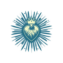 Crowned heart emblem with radiating light, suitable for spiritual themes or vintage logo designs, demonstrating elegant royalty.