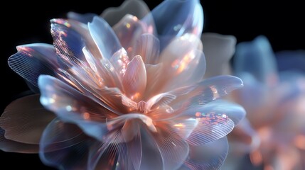 quantum flower, petals formed from shimmering particles of light, overlapping states, energy waves, glitch details, ethereal and abstract 