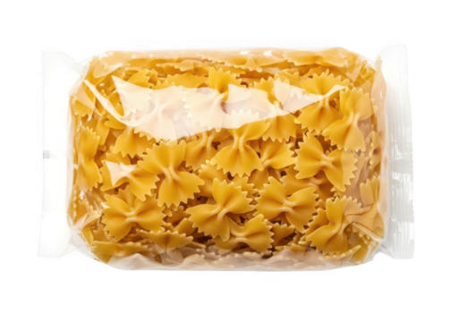 Clear plastic bag filled with uncooked yellow farfalle pasta on food