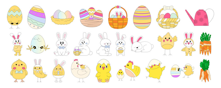 Celebrate spring with delightful Easter characters, including decorated eggs, adorable bunnies, and charming chick graphics for festive projects.