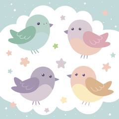 Cute Cartoon Birds Flying in a Pastel Sky with Clouds and Stars