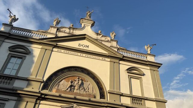 Lecco Church of Saints Gervasius and Protasius &ndash; 4K footage of historic Catholic church, religious architecture, cultural heritage, Lombardy Italy, spiritual landmark, travel destination