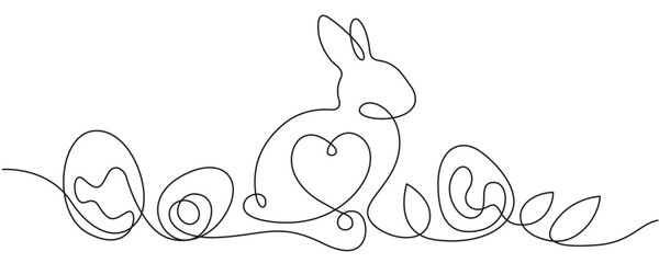 Happy Easter hand drawn line design. Greeting card with Easter bunny and eggs. Vector illustration.
