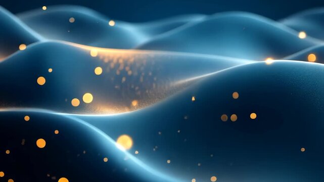 Fluid abstract waves with glowing golden particles floating gently on a dark blue background – mesmerizing video for meditation apps, dream visuals, and luxury wellness branding - Powered by Adobe