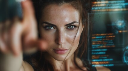 Young Woman Engaging with Futuristic Technology Interface Display