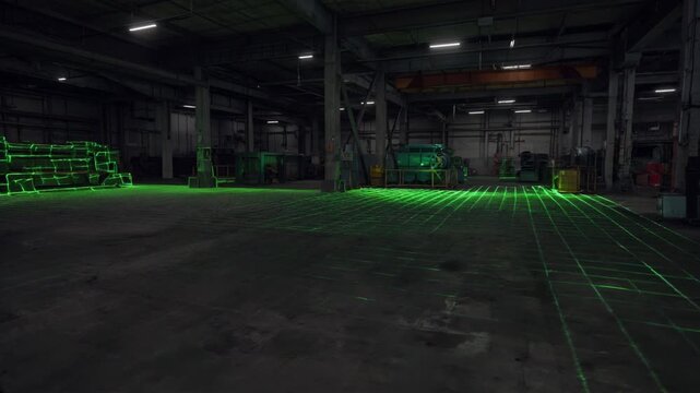 Laser grid projection covering warehouse floor in industrial setting  