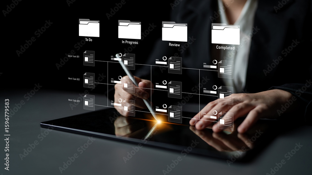 Poster task workflow system showing document progress through stages. task tracking improves productivity, 