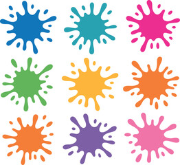Nine colorful paint splatters in a grid on white background ink splash liquid splash