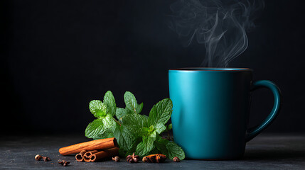 Teal mug with steaming beverage and aromatic spices mint leaves cinnamon sticks
