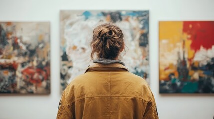A person with messy hair and a brown jacket observes abstract paintings in an art gallery.