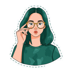 A young woman with green hair touches her glasses
