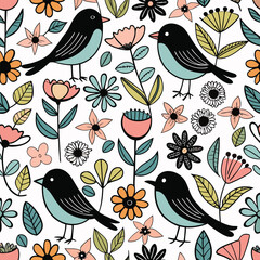 Seamless Pastel Floral Pattern with Birds for Textile and Wallpaper Design