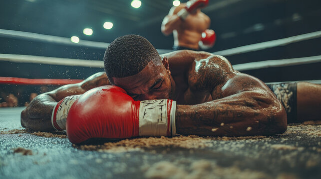 A boxer lies face down on the ring floor, exhausted and defeated, while his opponent stands in the background during a tense match.