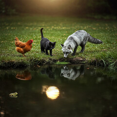 Fox and hen,cat,frog on the lake