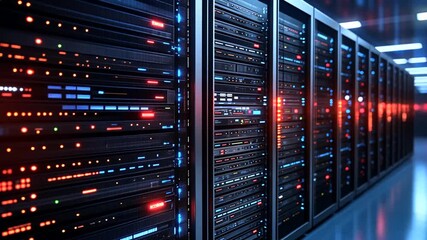 Futuristic data center with rows of server racks and blinking lights visualization - Powered by Adobe