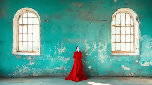 Dystopian Aura: Lone Figure in Scarlet Against Distressed Turquoise Interior
