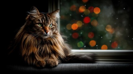 Majestic cat sitting by the window with festive bokeh lights nearby