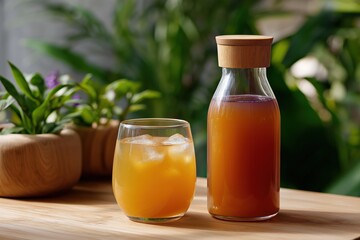 Refreshing iced herbal tea in glass and bottle on wooden table with greenery
