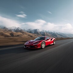 Obraz premium Red sports car speeding on highway