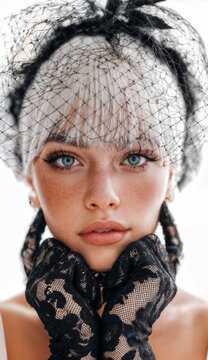 Retrato de primer plano de una joven con ojos azules intensos, maquillaje natural y expresi&oacute;n serena, vestida con guantes de encaje negro y tocado con velo. Fotograf&iacute;a art&iacute;stica de estilo vintage.