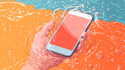 A hand holds a smartphone immersed in splashing water against a colorful blue and orange background.