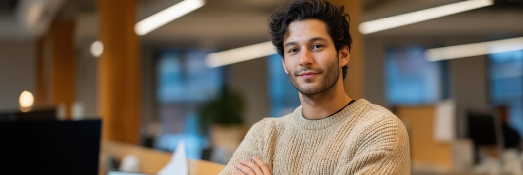 Young hispanic adult male smiling in modern office setting with folded arms