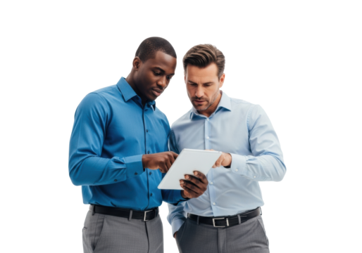 Two professional men, African American (mid-30s) and Caucasian (early 40s), in blue dress shirts, intently focused on a tablet on a transparent studio background. Professional synergy and
