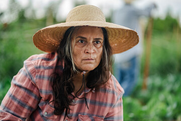 Focused Female Farmer in Straw Hat in Lush Green Field