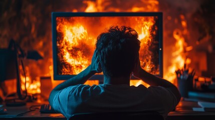 A person watches a computer screen engulfed in intense flames, suggesting a high-stress or crisis scenario related to technology or digital content.