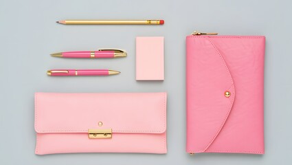 Pink stationery set flat lay: pens, pencil, notebooks, and wallets for office and school